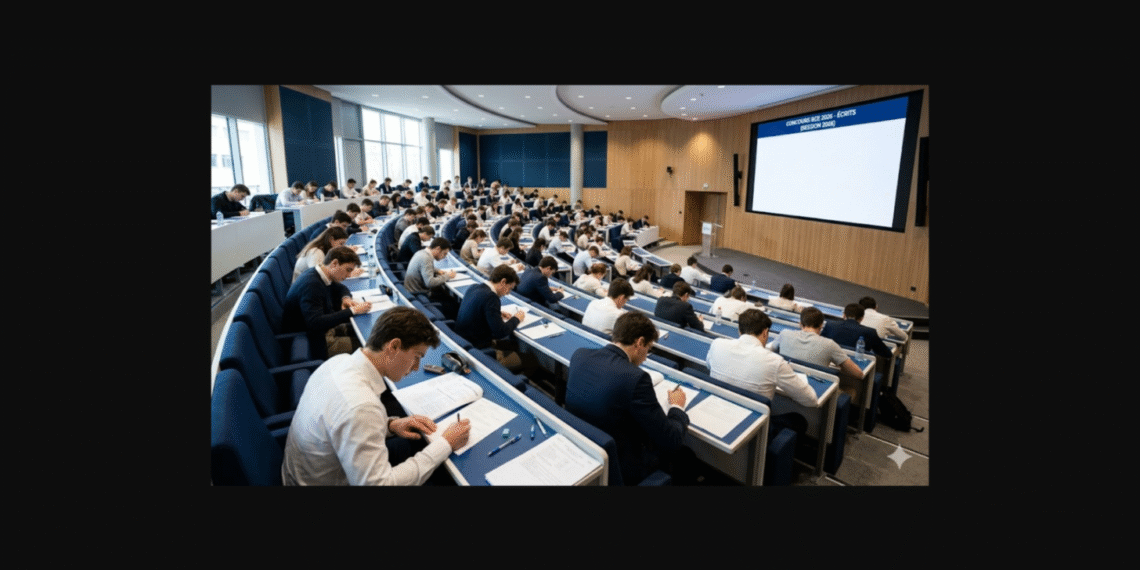 Étudiants en prépa composant les épreuves écrites du concours BCE 2026 dans un amphithéâtre moderne