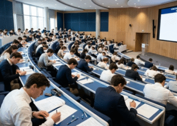 Étudiants en prépa composant les épreuves écrites du concours BCE 2026 dans un amphithéâtre moderne