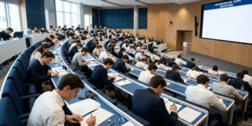 Étudiants en prépa composant les épreuves écrites du concours BCE 2026 dans un amphithéâtre moderne